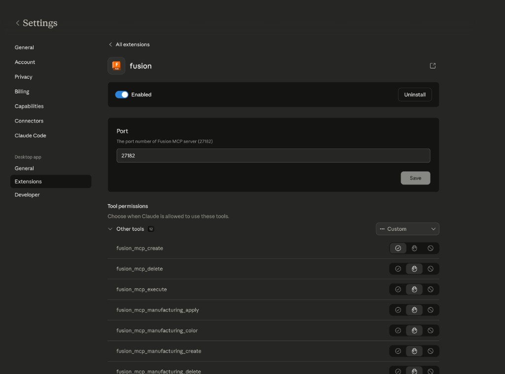 Claude Desktop Autodesk Fusion MCP Server extension configuration showing Tool permissions
