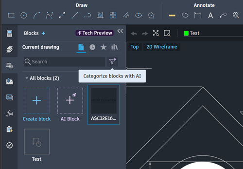 The Blocks palette with the Categorize blocks with AI button next to the search field