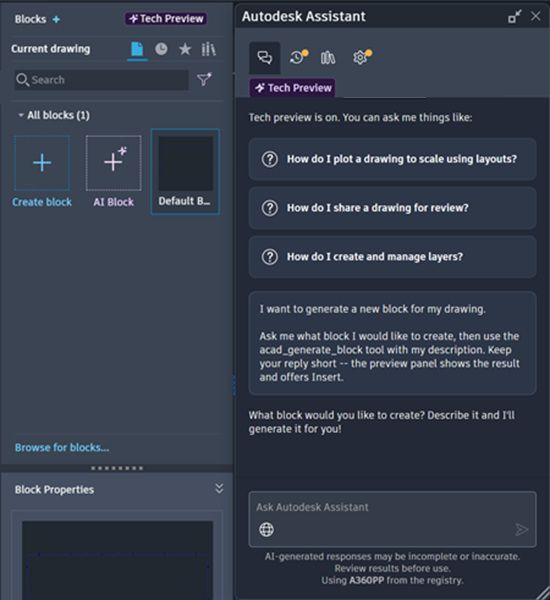Block Generate with AI generating a block from a description