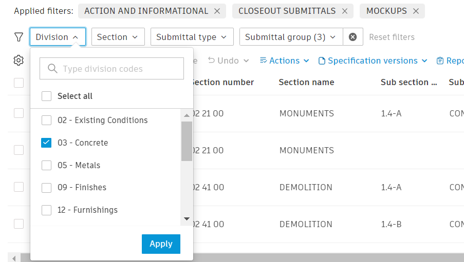 Sort and Filter Submittals