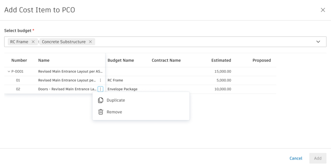 Add cost item to PCO modal