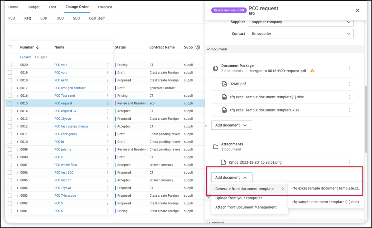 Document attachments generated from templates