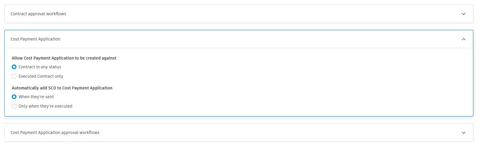 Cost settings showing Automatically add SCO to Cost Payment Application with When they're sent and Only when they're executed options