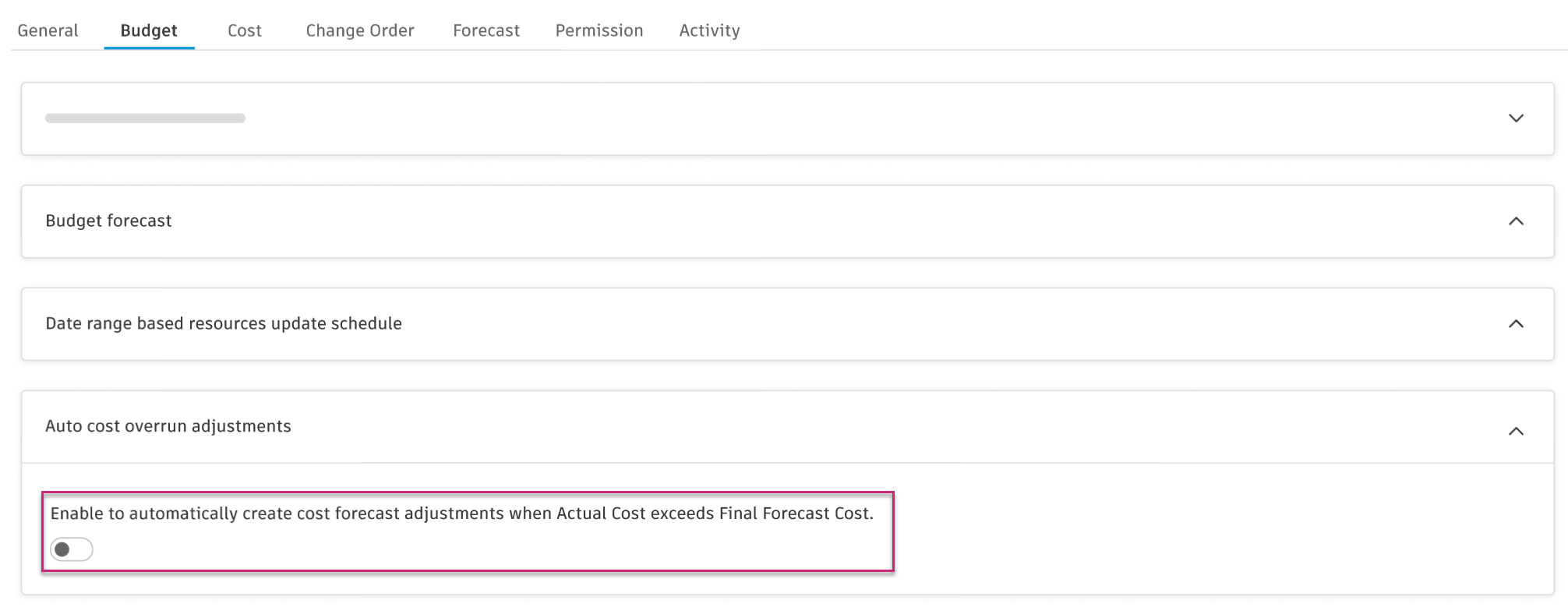 Auto cost overrun adjustments toggle in Budget settings