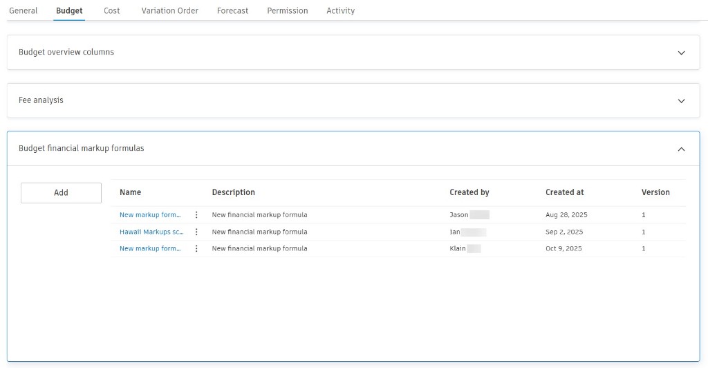 Budget financial markup formulas section expanded with an Add button and a list of saved formulas
