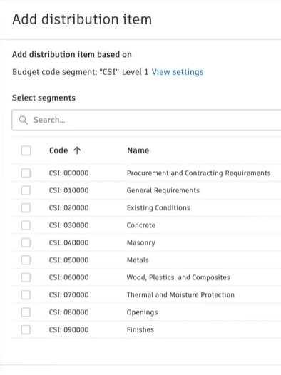 Budget segments selection dialog