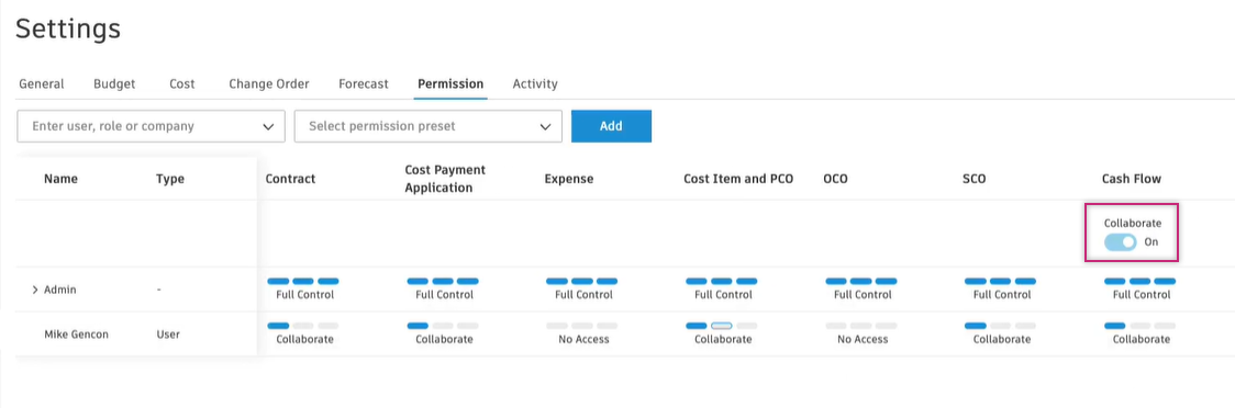 Cash Flow collaboration toggle button in Settings