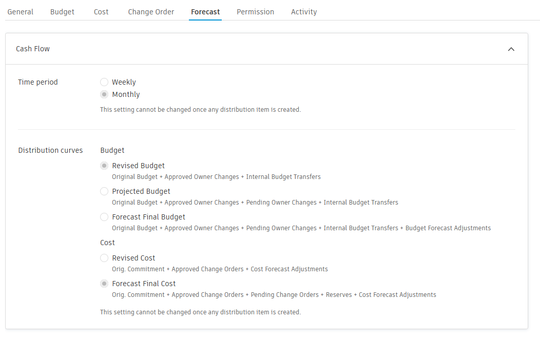 Distribution curves settings panel showing budget and cost options for cash flow forecasting