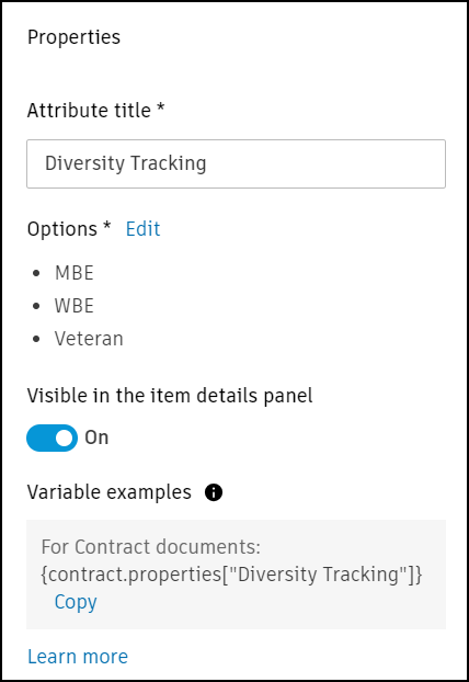 Properties panel for Diversity Tracking dropdown attribute with options for MBE, WBE, DBE, SDVOB, and Other