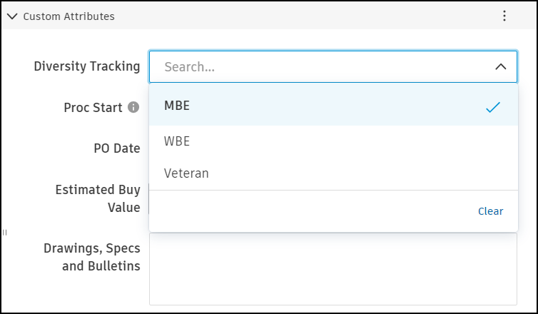 Contract details panel showing Diversity Tracking custom attribute dropdown with value selection
