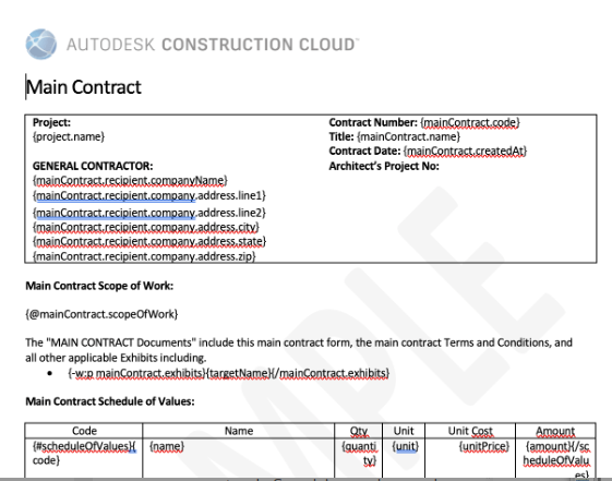 Sample document showing variable placeholders
