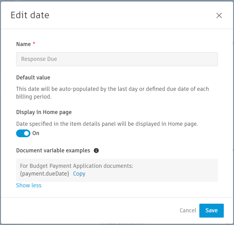 Edit dates configuration panel