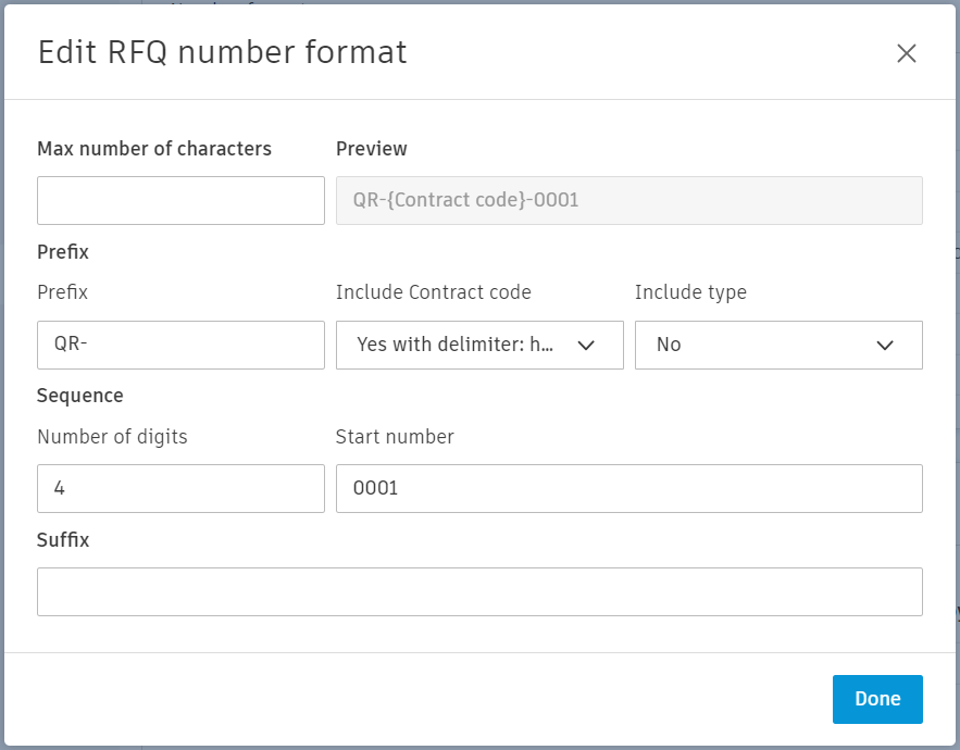 Edit RFQ number format dialog showing fields for max characters, prefix, digits, starting number, and suffix