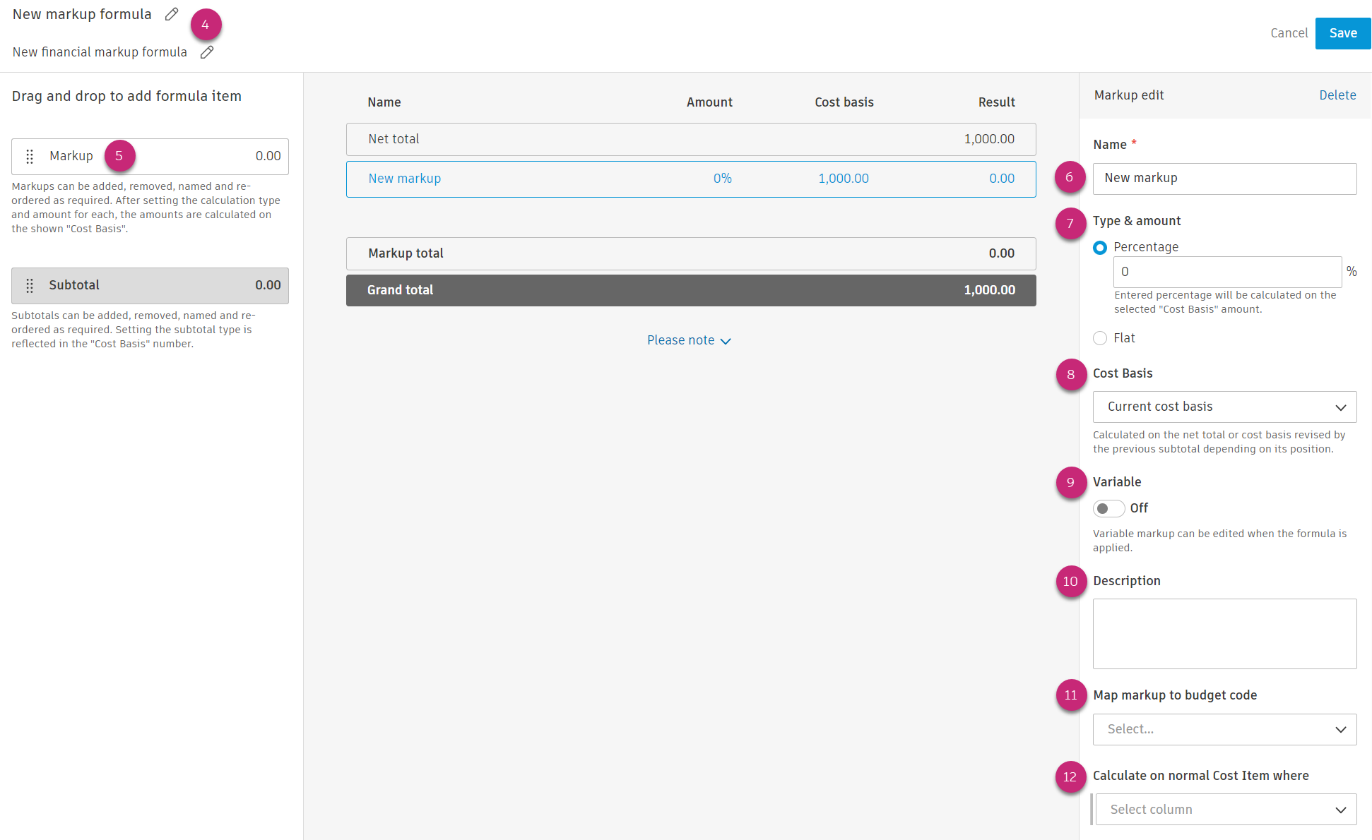 Financial markup formula configuration interface showing markup settings, cost basis options, and formula builder
