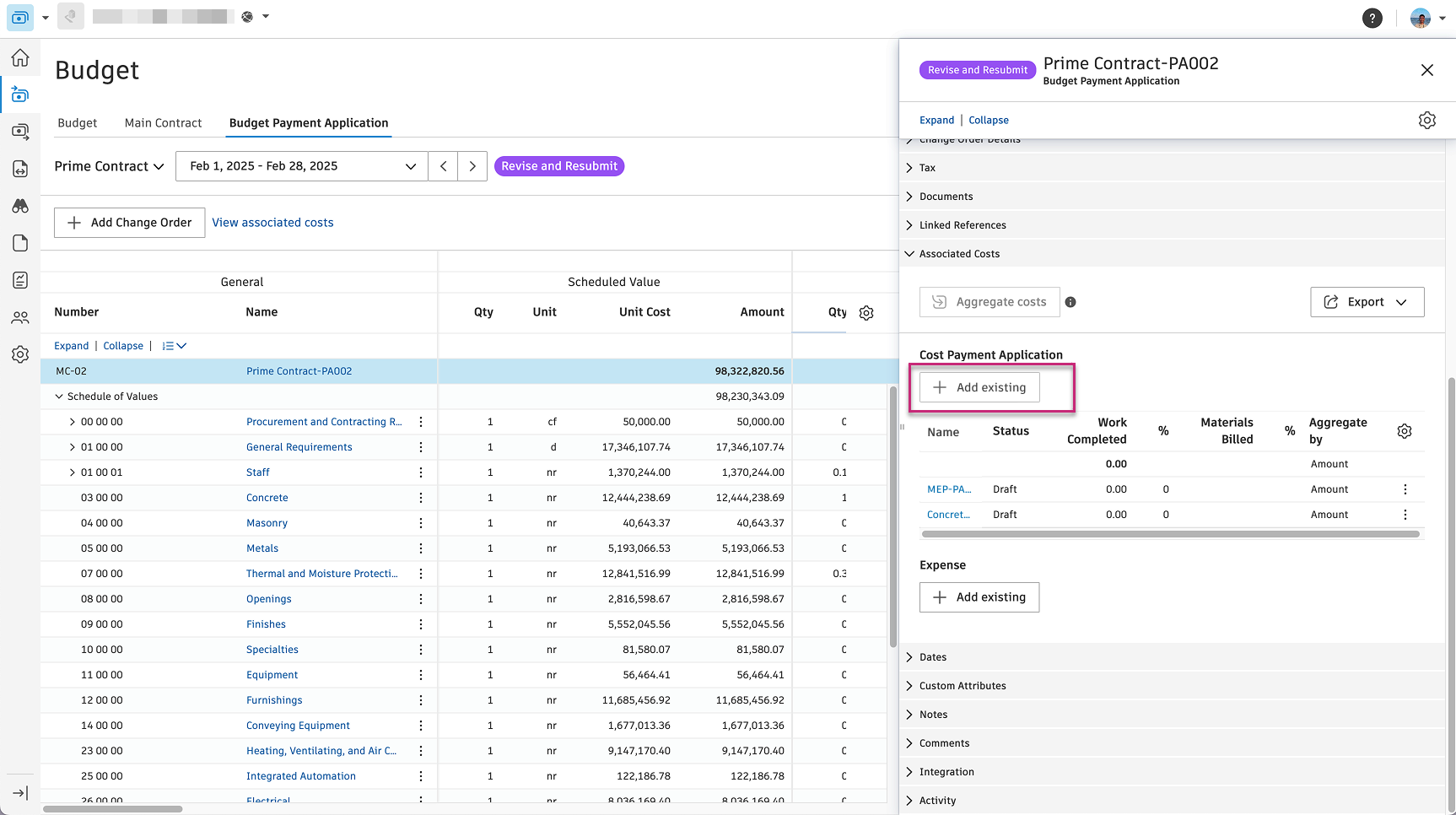 Budget payment application showing associated costs from GCPay