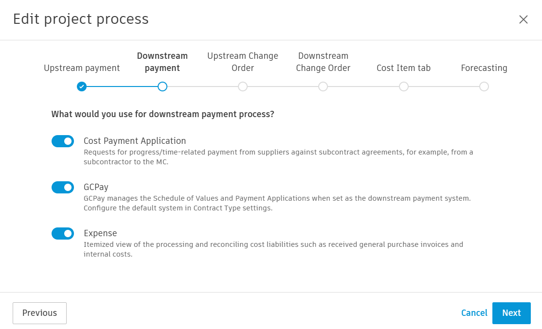 Edit project process Downstream payment step showing Cost Payment Application, GCPay, and Expense toggles