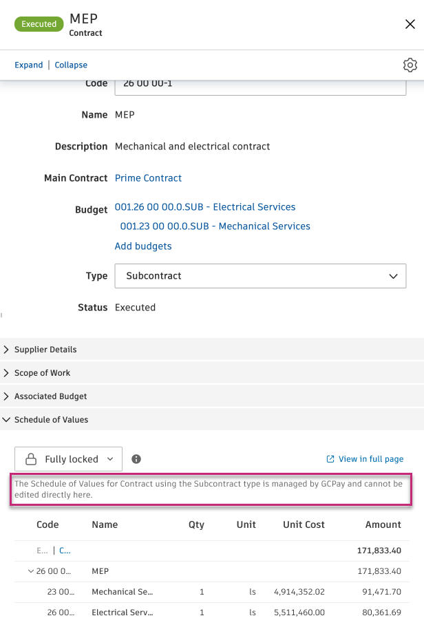Schedule of Values section in Cost Management showing locked state