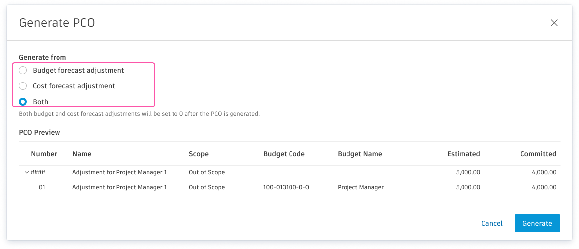 Generate a PCO from forecast adjustments