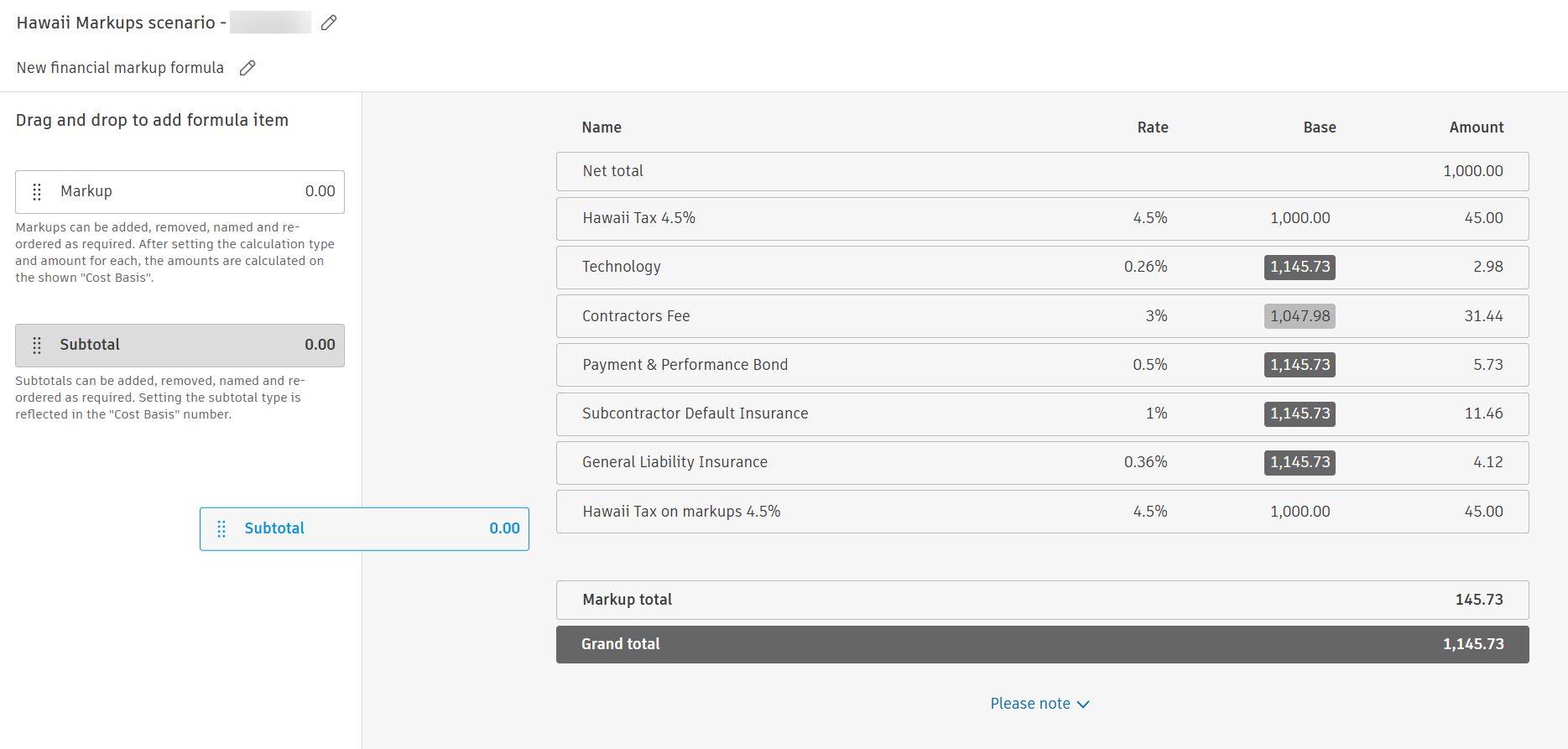 Budget financial markup formula detail with a drag-and-drop palette and a table of markup items showing Rate, Base, and Amount