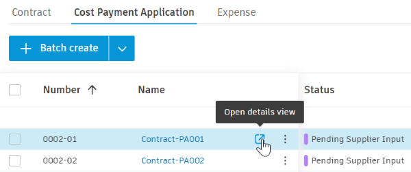 Cost payment application details view interface