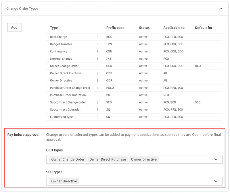 Pay before approval settings showing OCO and SCO type selection dropdowns