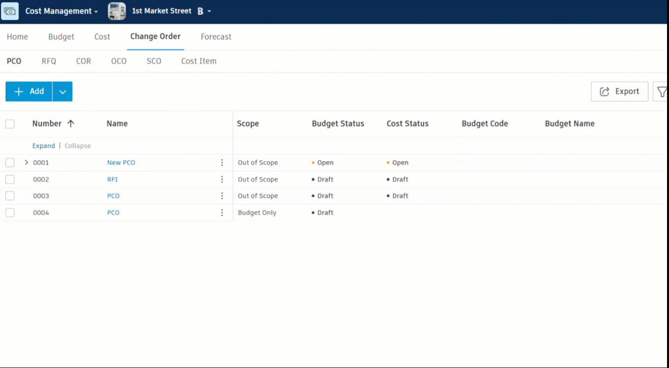 Animation showing how to reorder change order tabs in BIM 360