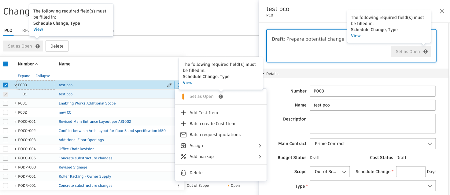 Required fields validation message showing missing mandatory fields with View button to redirect to missing data