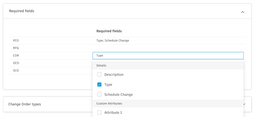 Required fields for change orders configuration showing dropdown selection of mandatory fields
