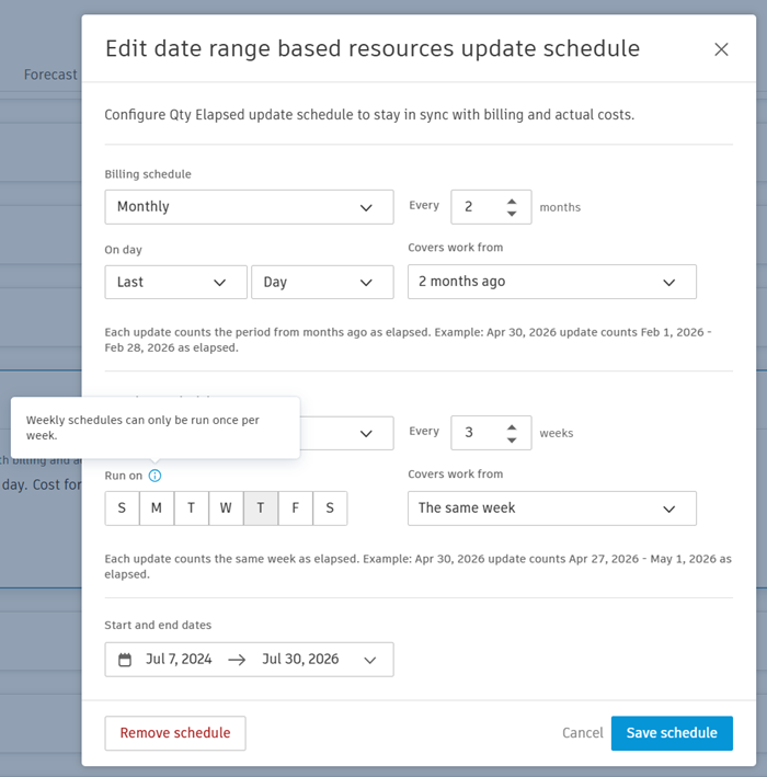 Edit date range based resources update schedule modal with Monthly Billing schedule, Weekly Actual cost schedule, Covers work from controls, and Start and end dates picker
