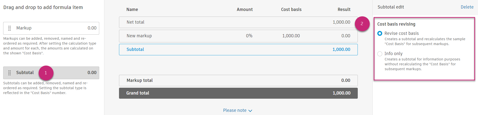 Subtotal setting options showing Revise Cost Basis and Info Only radio button choices