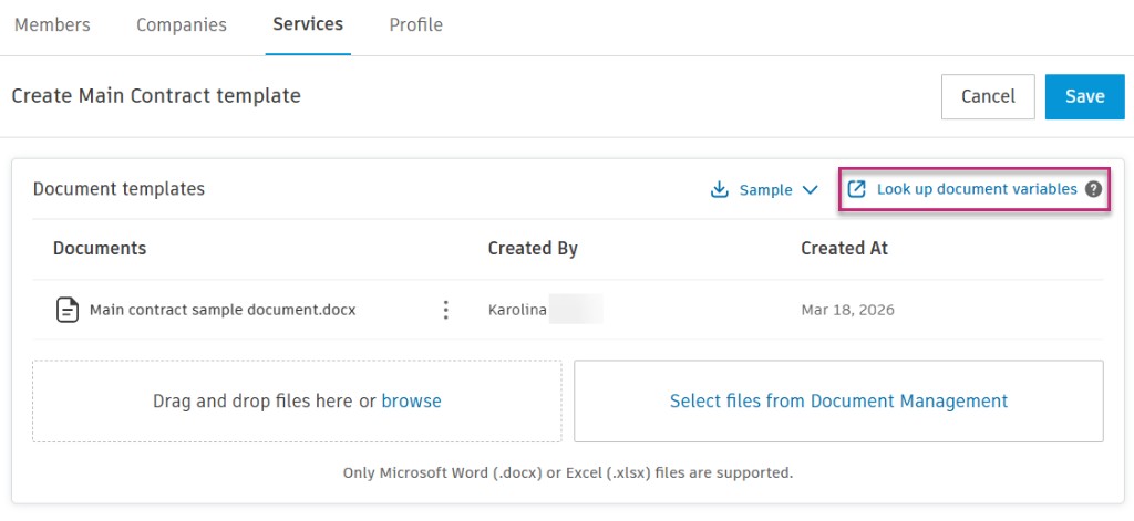 Look up document variables button in the template creation tool
