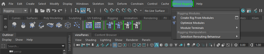 Bifrost Rigging menu in Maya's Rigging menu set