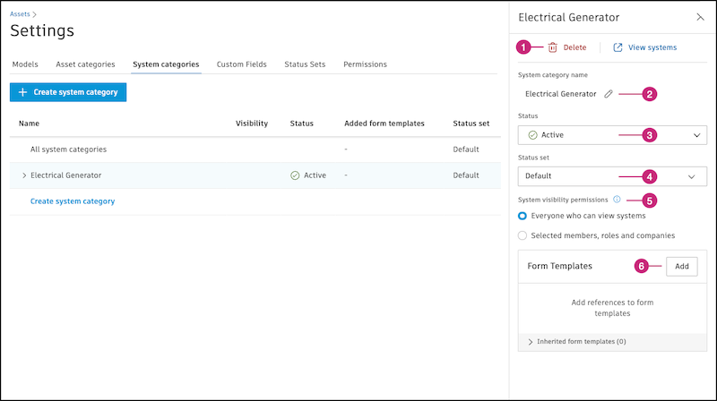 Edit system category panel