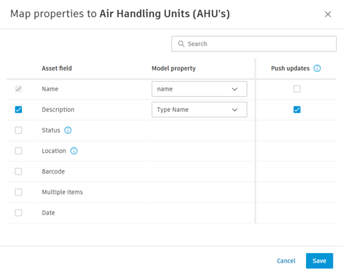 Map asset fields to model property