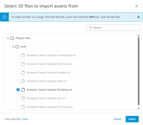 Select model to import assets from