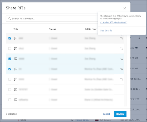 Share RFIs interface