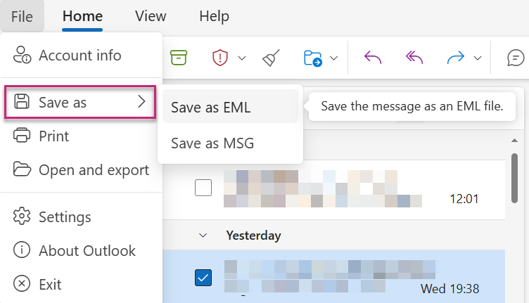 Save As dialog in Outlook showing file format options including Outlook Message Format, HTML, and Text Only
