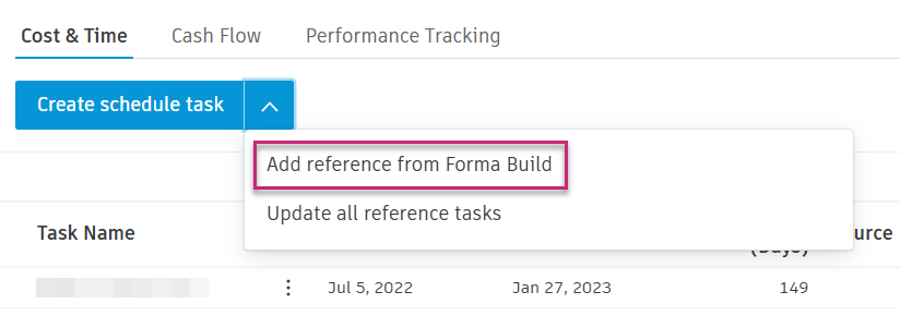 Add reference from Forma Build option in the Create Schedule Task dropdown menu
