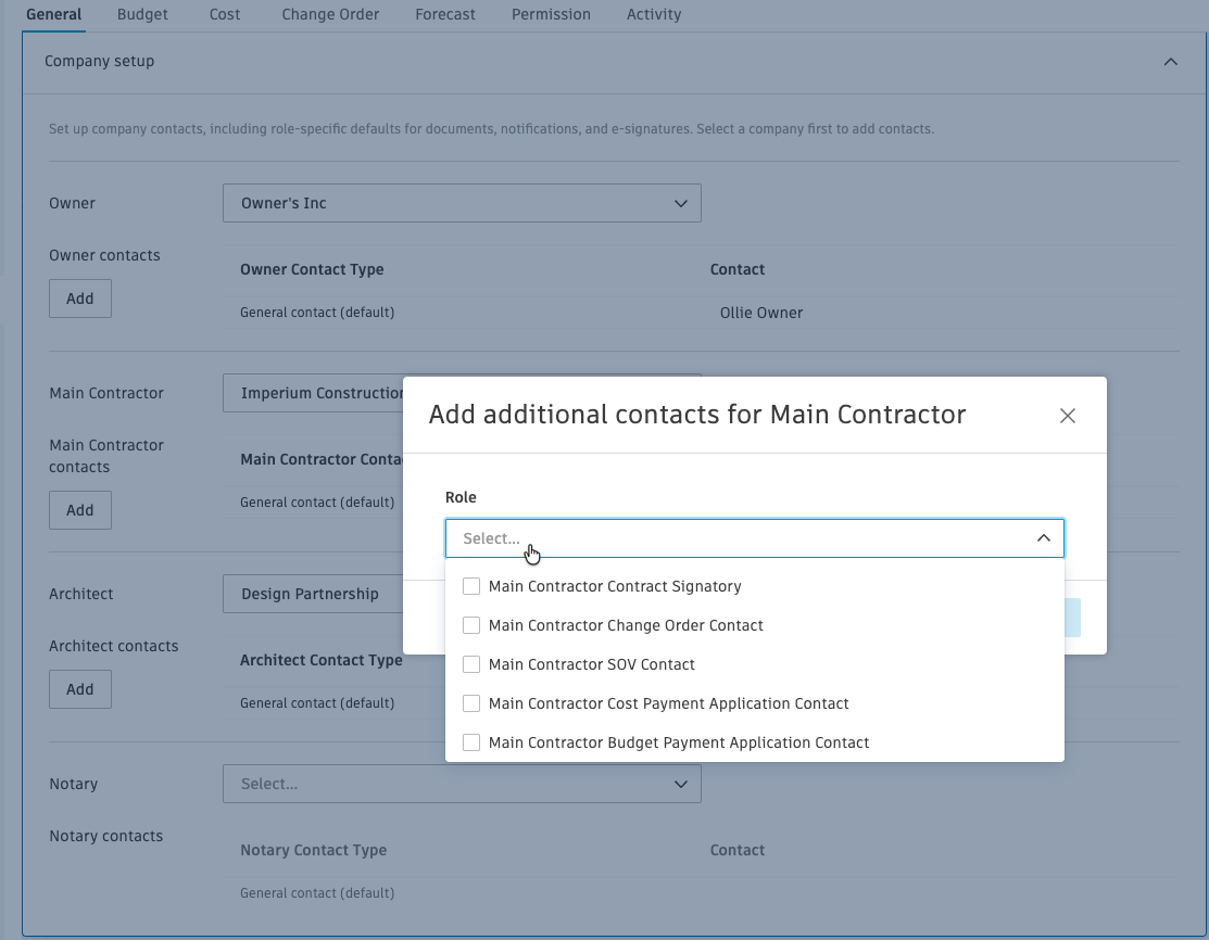 Company Setup showing multiple contact types for Owner, Main Contractor, and Architect roles
