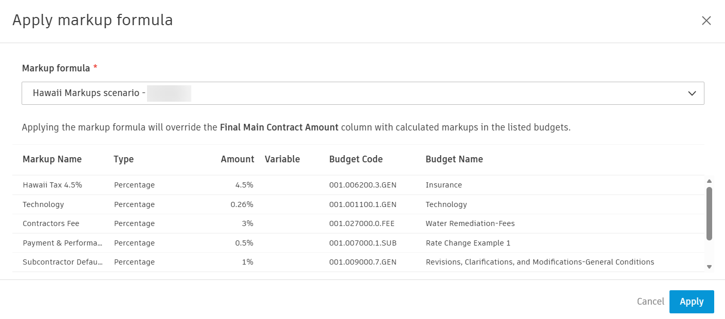 Apply markup formula modal with a selected formula and the mapped budget codes preview