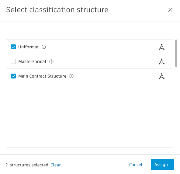 Assign structure modal showing project classification structures with checkboxes
