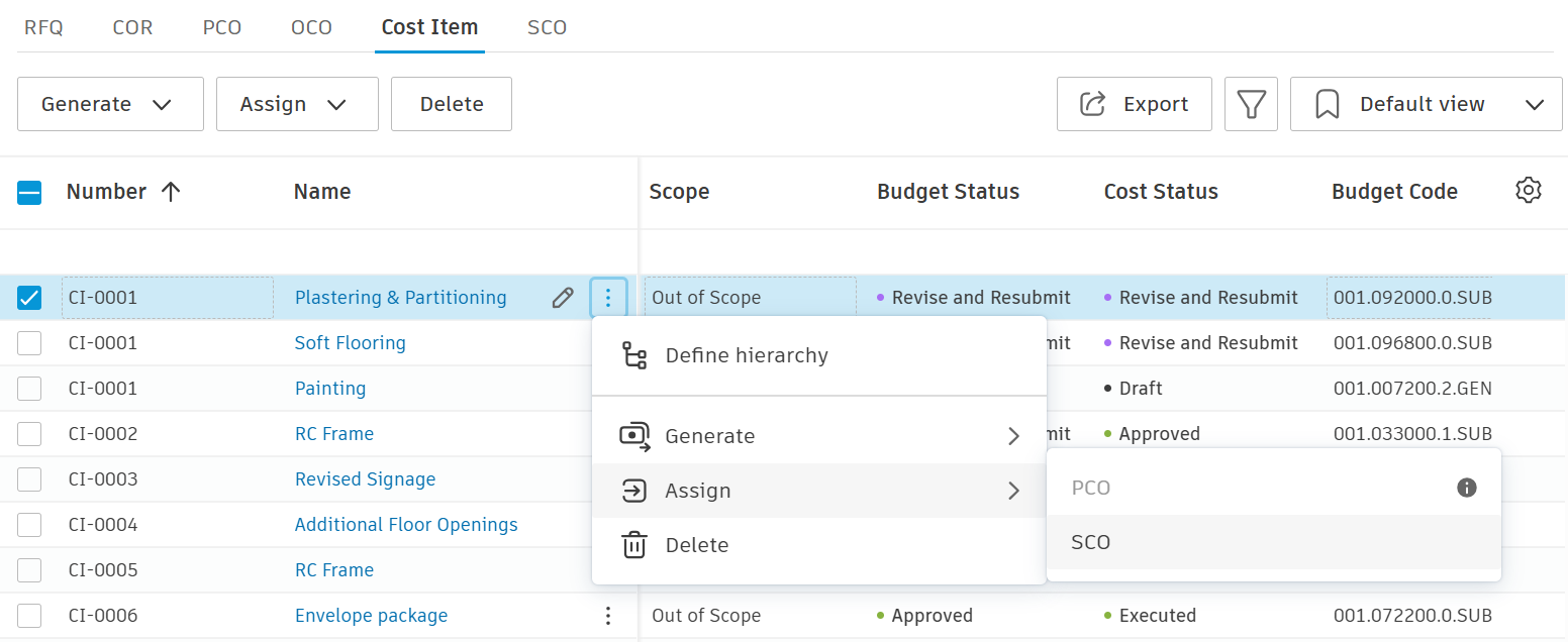 Assign menu with SCO option on the Cost Item tab