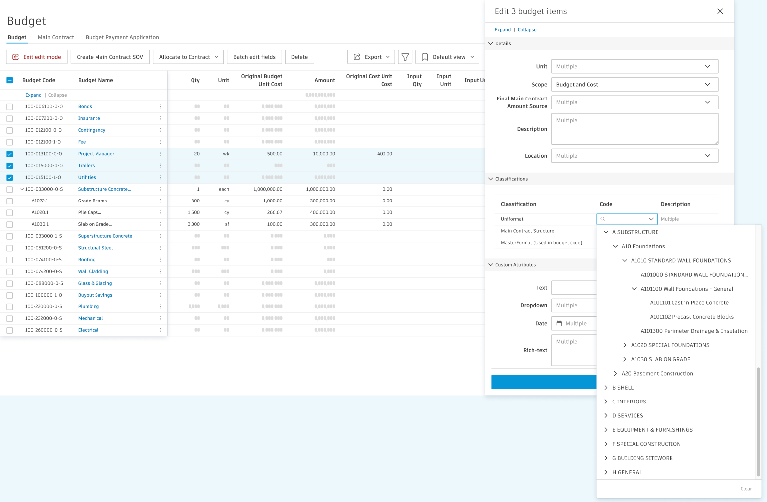 Batch edit fields panel with Classifications section showing Code and Description fields