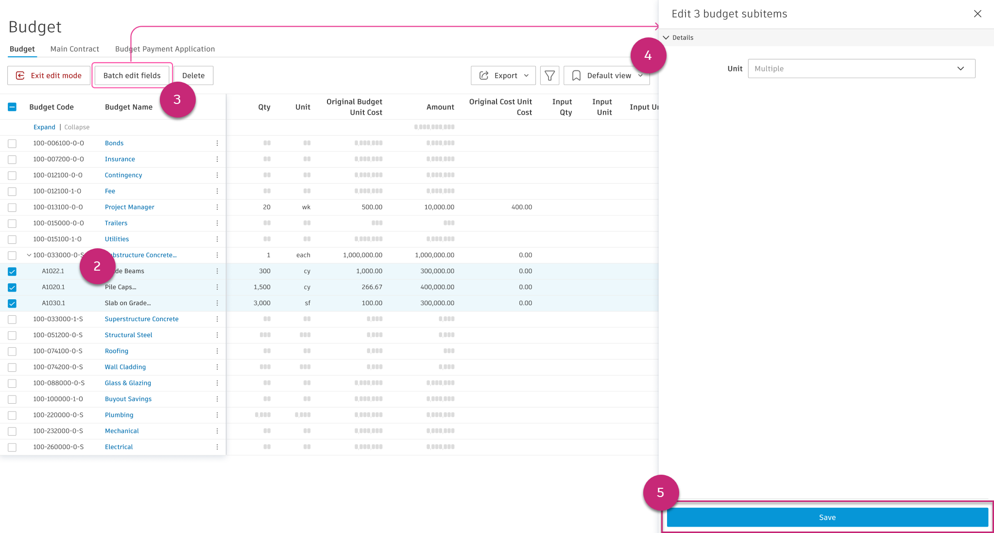 Batch Edit Fields flyout showing editable fields for selected budget line items