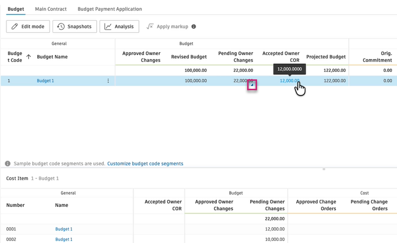 Budget cell details panel showing PCO links and audit history for pending and accepted owner change columns