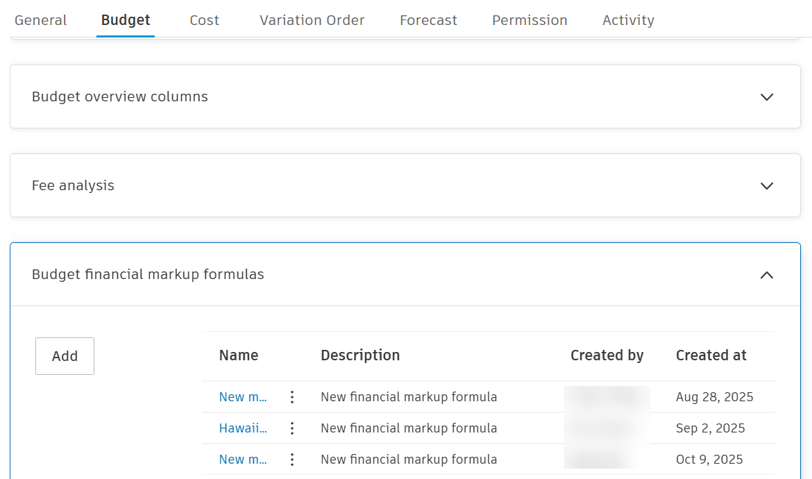 Budget financial markup formulas section expanded with an Add button and a list of saved formulas