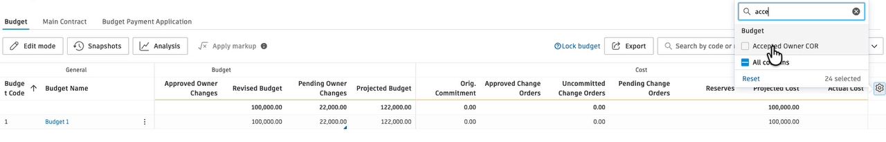 Budget column settings with Accepted Owner COR selected to show in the table
