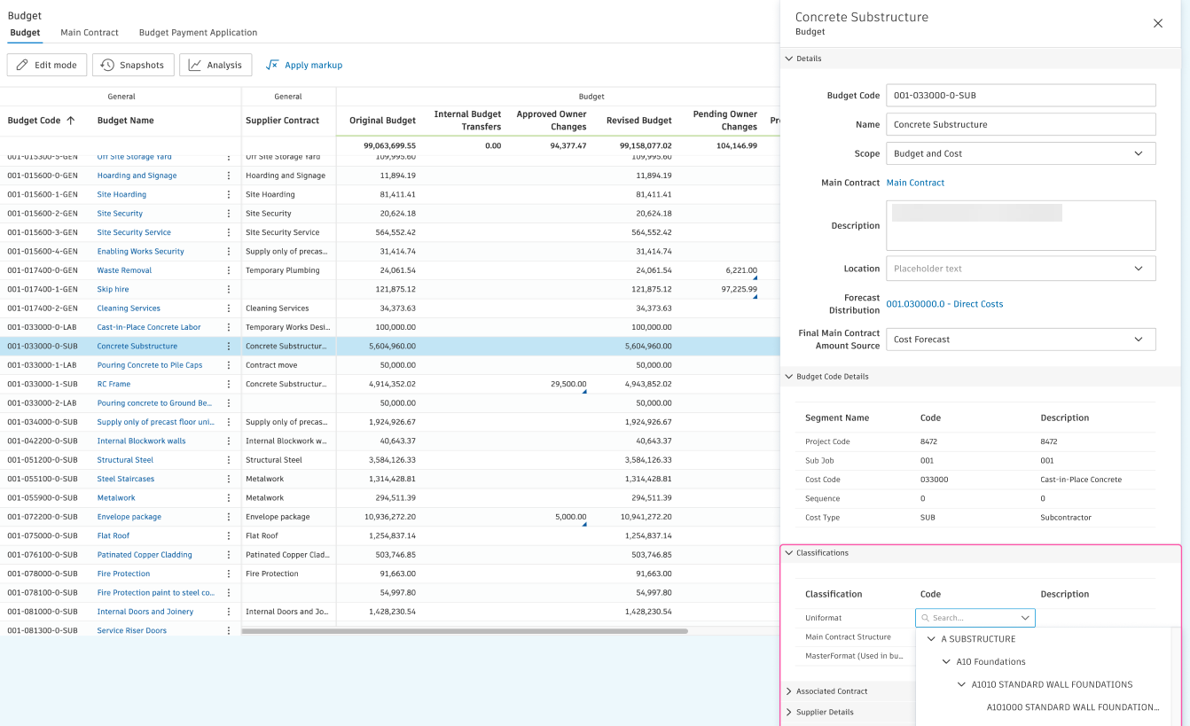 Classification code picker showing hierarchical tree for Uniformat
