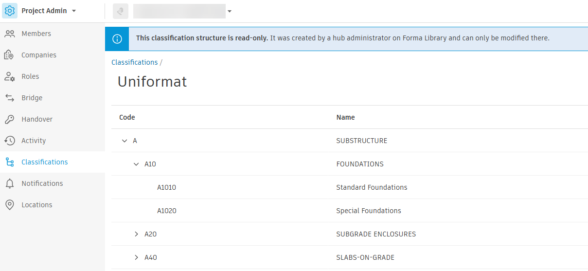 Project Admin Classifications page showing a read-only Uniformat classification structure hierarchy