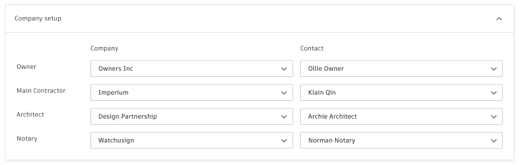 Company Setup interface showing company selection dropdown